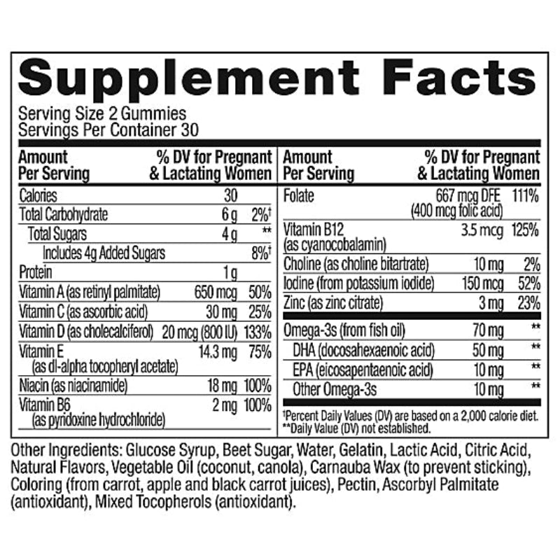 Supplement facts label for gummy vitamins with detailed nutritional information.