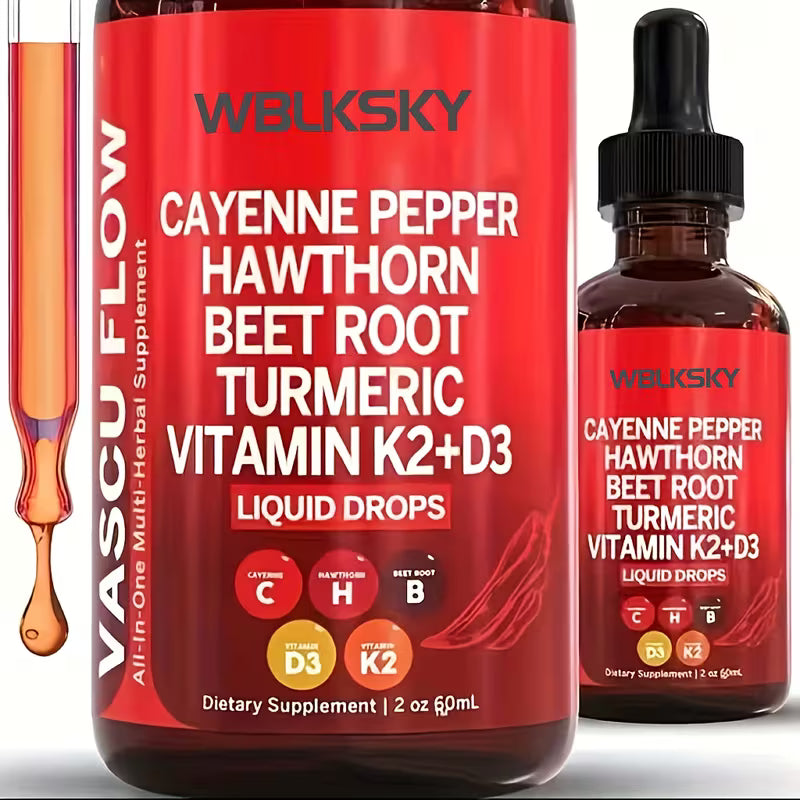 Two bottles of WBLKSKY VASCU FLOW liquid drops with red labels on a white background.