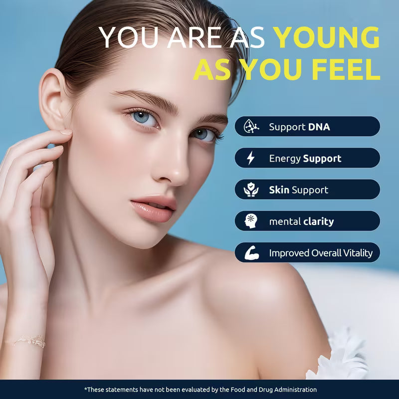 Advertisement featuring a woman with text about youth and health benefits on a blue background