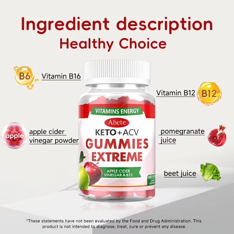 Vitamins Energy Ahete Keto + ACV Gummies Extreme bottle with ingredients listed on a white background