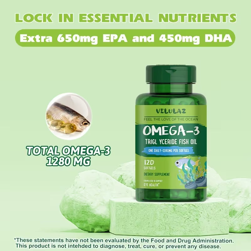 Green bottle of Velulaz Omega-3 fish oil supplement on a light green background with text highlighting EPA and DHA content.