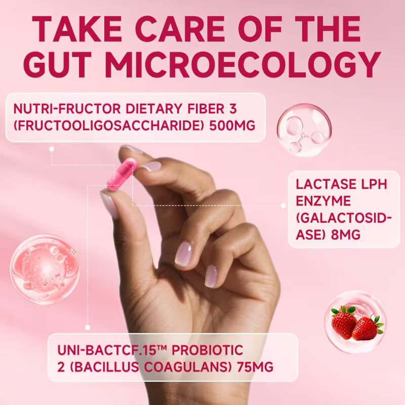 Hand holding a pink supplement with gut health ingredients on a pink background