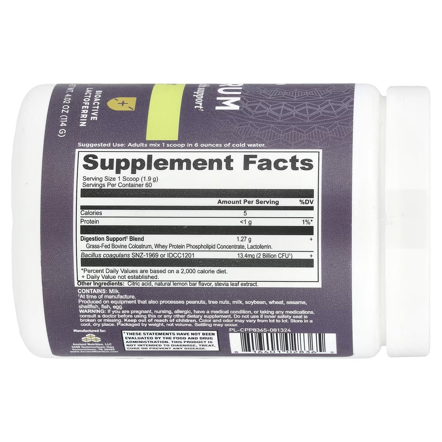 Ancient Nutrition Colostrum Powder - 60 Servings Lemon Bar  4.02 oz