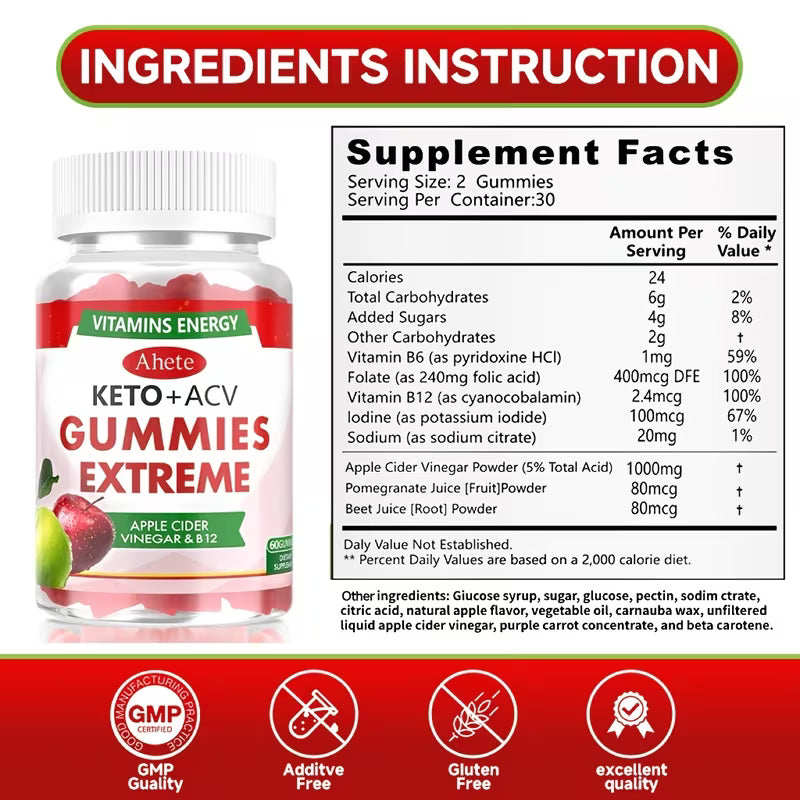 Supplement bottle labeled 'Keto + ACV Gummies Extreme' with ingredients list and facts on a red and white background.