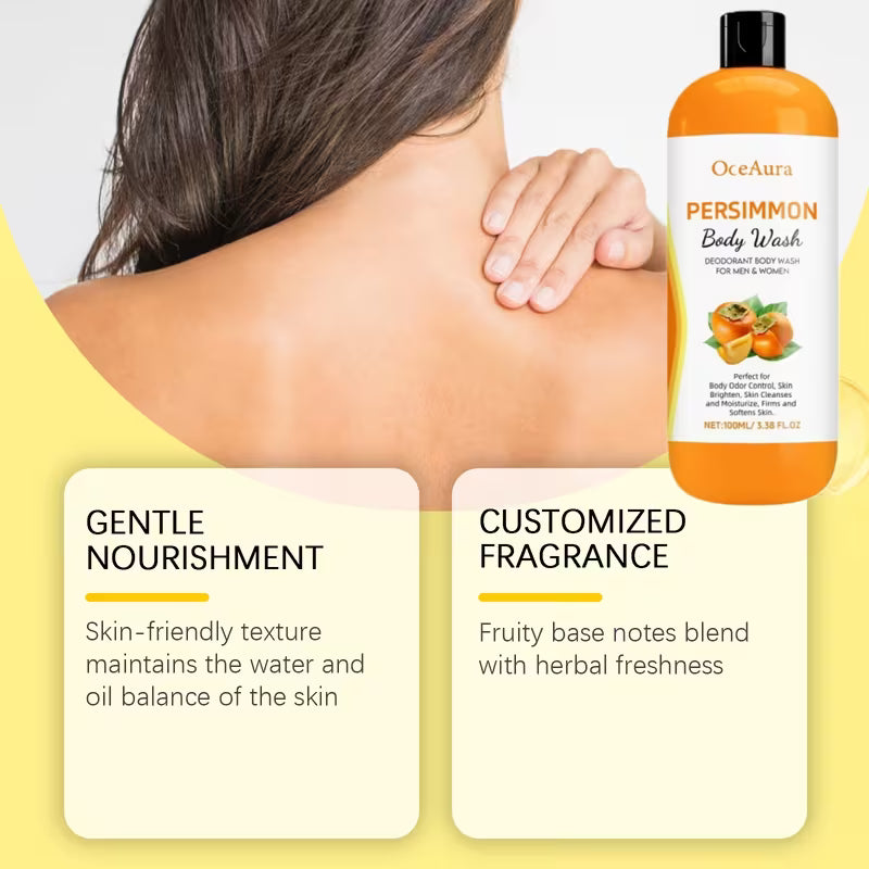 OceAura Persimmon Body Wash bottle with a person using it on their shoulder, against a light background.