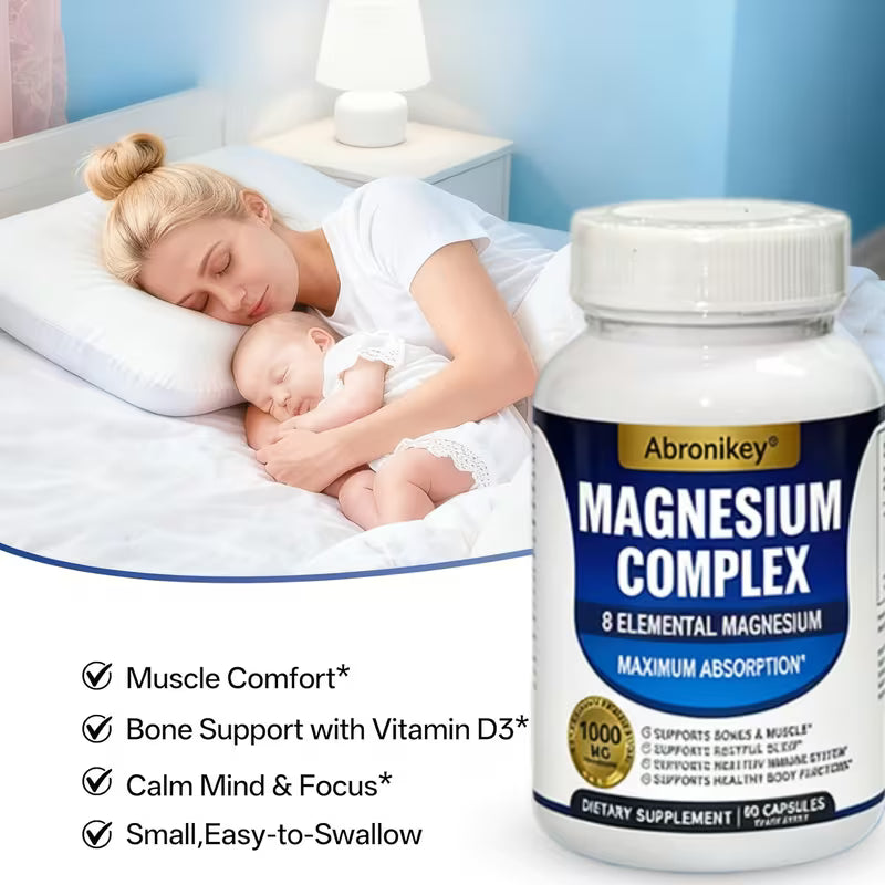 Woman holding a baby next to a bottle of Abronikey Magnesium Complex supplement.