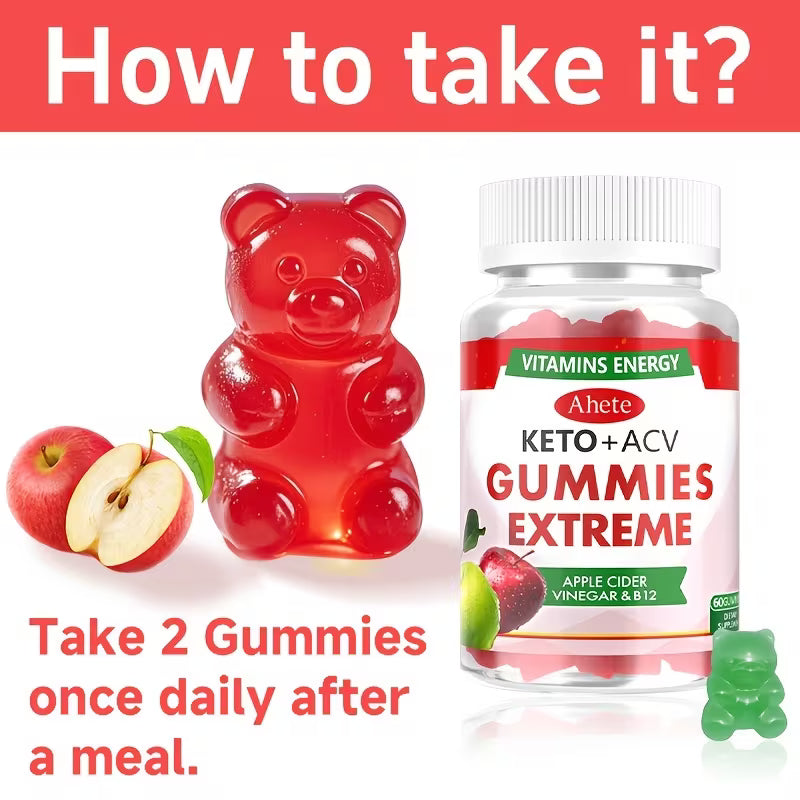 Keto+ACV gummies and bottle with instructions on how to take them.