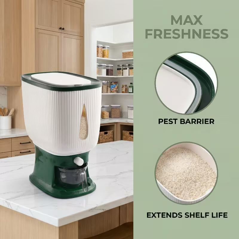 Kitchen counter with a green and white food storage container, pest barrier feature highlighted.