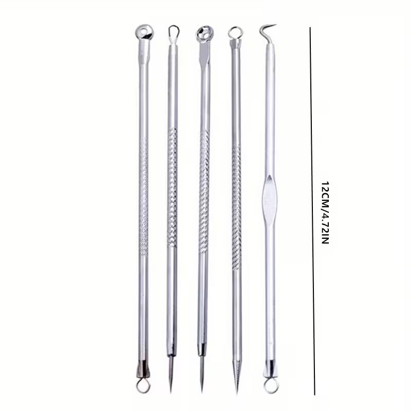Set of five metallic skincare tools with varying designs on a white background