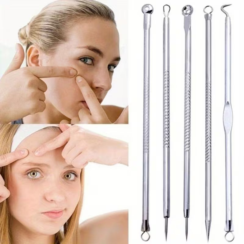 Set of blackhead removal tools with a woman using them on her face.