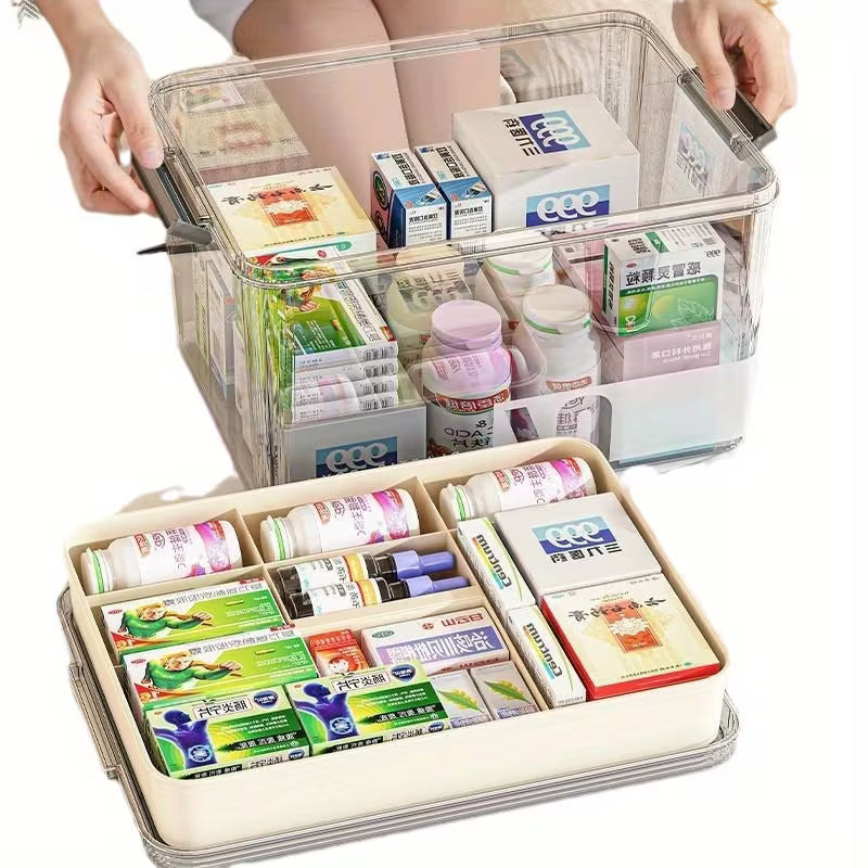 Clear medical storage box with various medicine packages inside