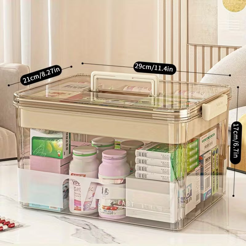 Clear storage box with transparent lid on a marble surface, showing dimensions.