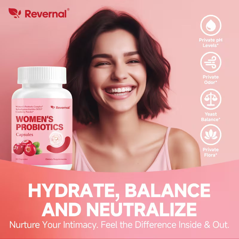 Reveral Women's Probiotics product with a smiling woman on a pink background