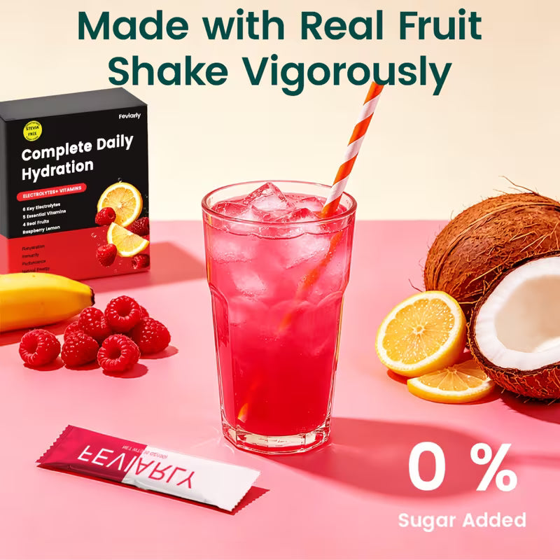Pink fruit shake with ice, a straw, and a package of Yrawaa Complete Daily Hydration on a pink background.