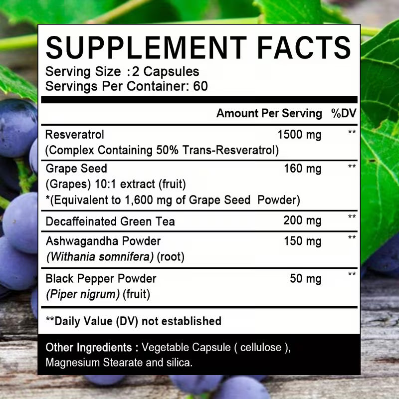 Resveratrol 1500mg – Grapeseed & Ashwagandha | 120 Capsules Peaceful Pleasures