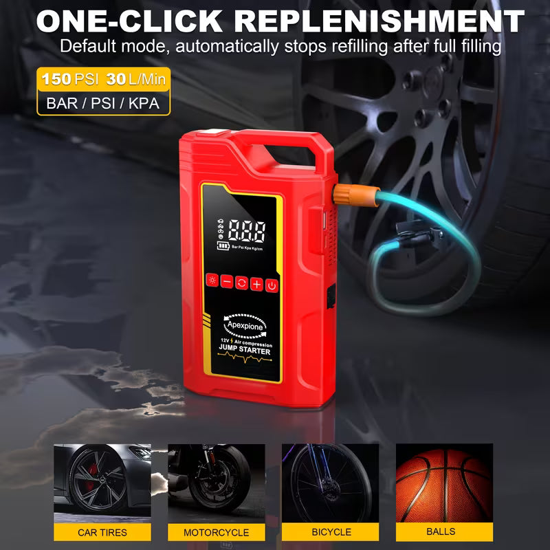 Red jump starter with digital display on a dark background