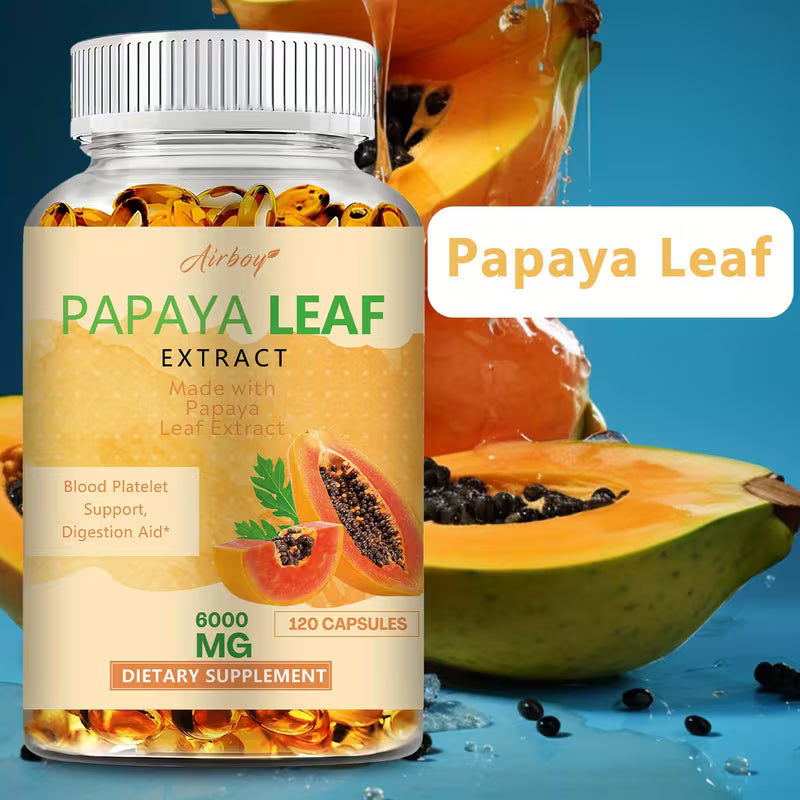 Supplement bottle labeled 'Papaya Leaf Extract' with papaya fruit in the background
