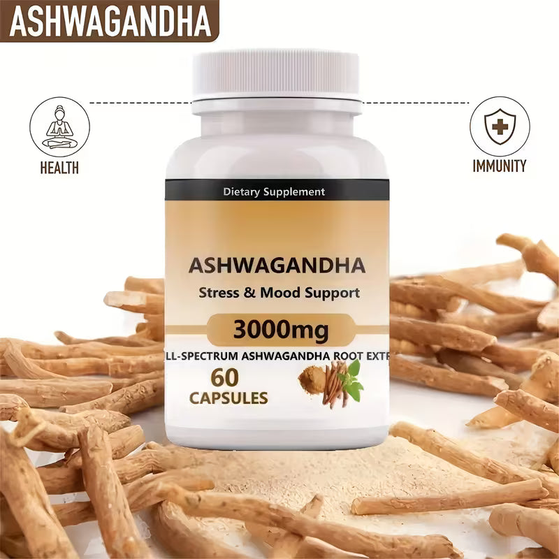 Ashwagandha Capsules 3000mg – Stress Relief & Mood Support | 60 Ct Peaceful Pleasures