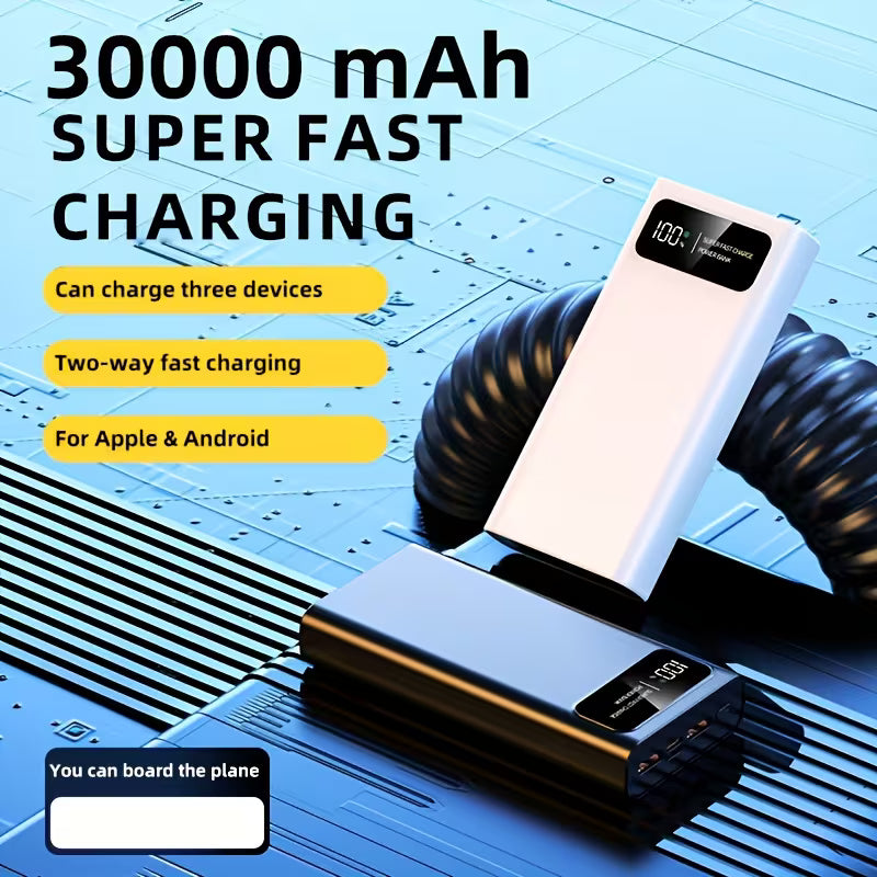 Power bank with coiled cable on a blue technical design background, highlighting features like 30000 mAh capacity and fast charging capabilities.