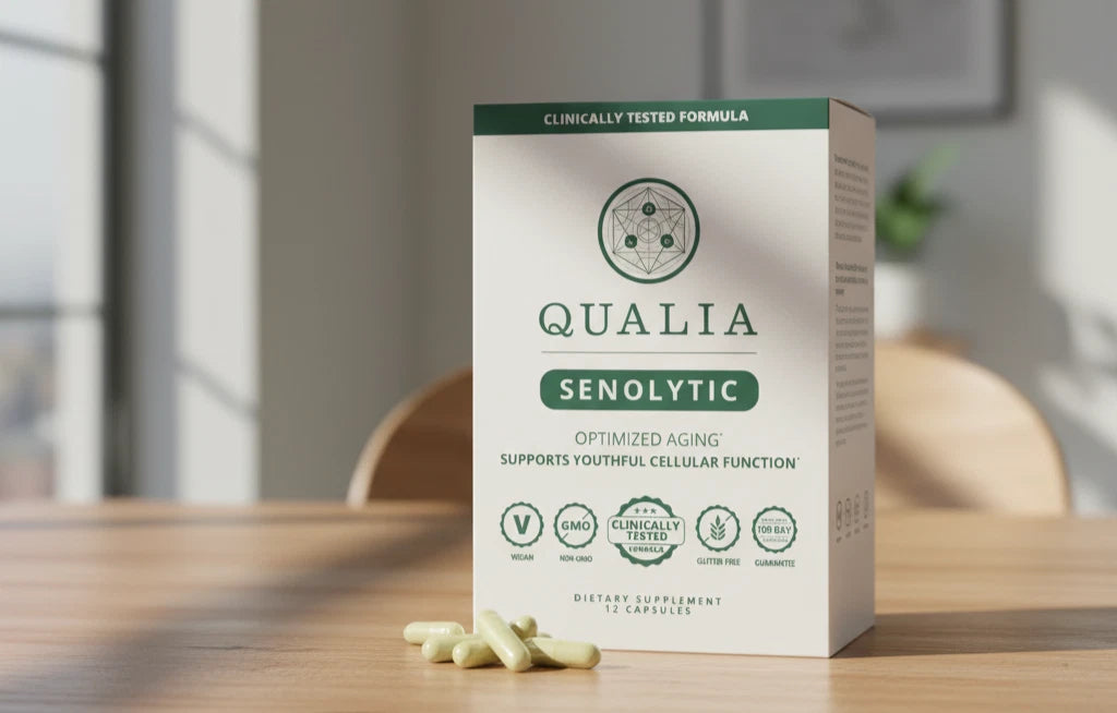 Qualia Senolytic supplement box on a wooden table with a blurred background