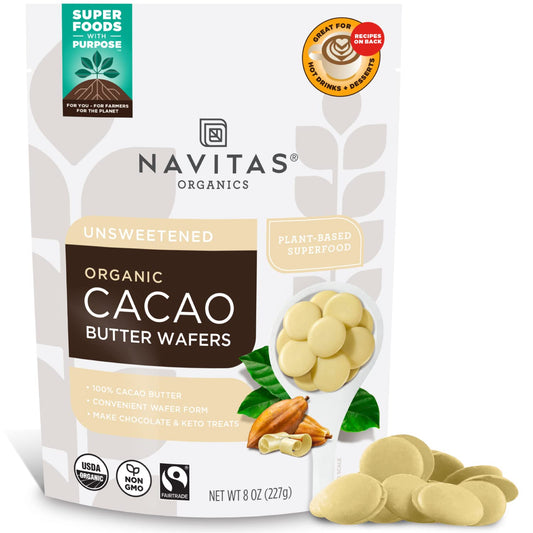 Navitas Organics unsweetened organic cacao butter wafers packaging on a white background