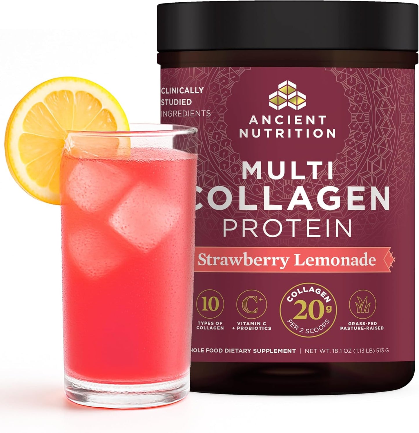 Ancient Nutrition Multi Collagen Protein container with a glass of strawberry lemonade.