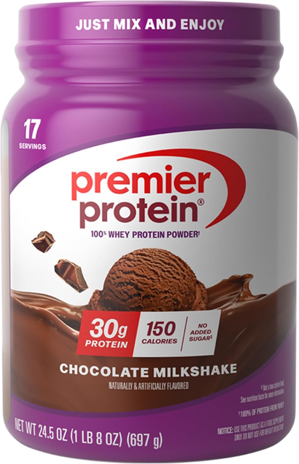 Premier Protein chocolate milkshake protein powder container with purple lid and white label.