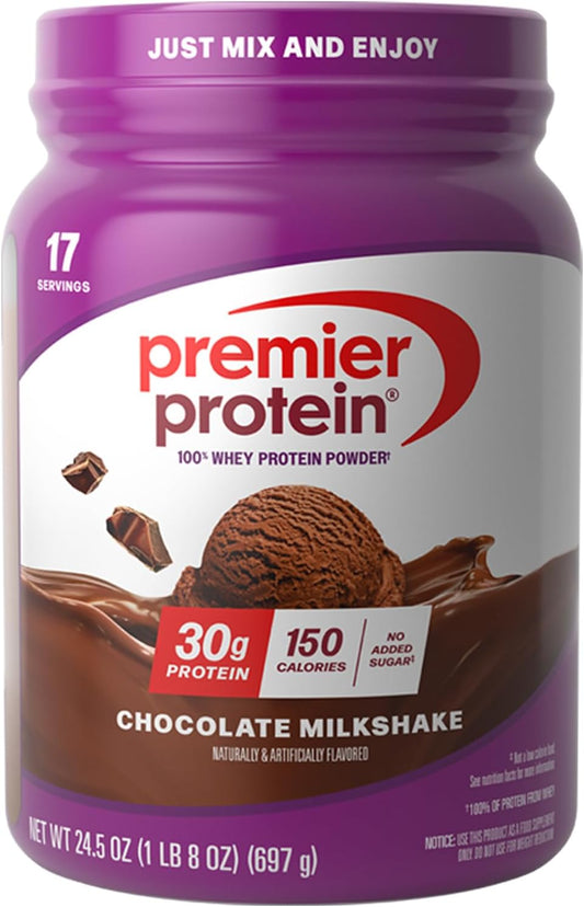 Premier Protein chocolate milkshake protein powder container with purple lid and white label.