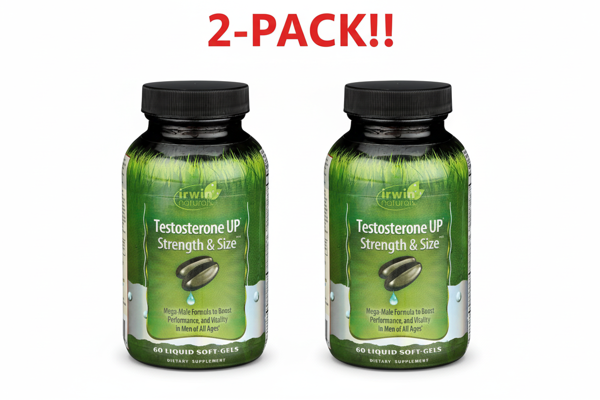 Two bottles of Testosterone UP Strength & Size supplement with a '2-Pack!!' label on a white background.