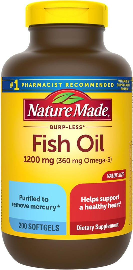 Nature Made Fish Oil supplement bottle with yellow cap on a white background