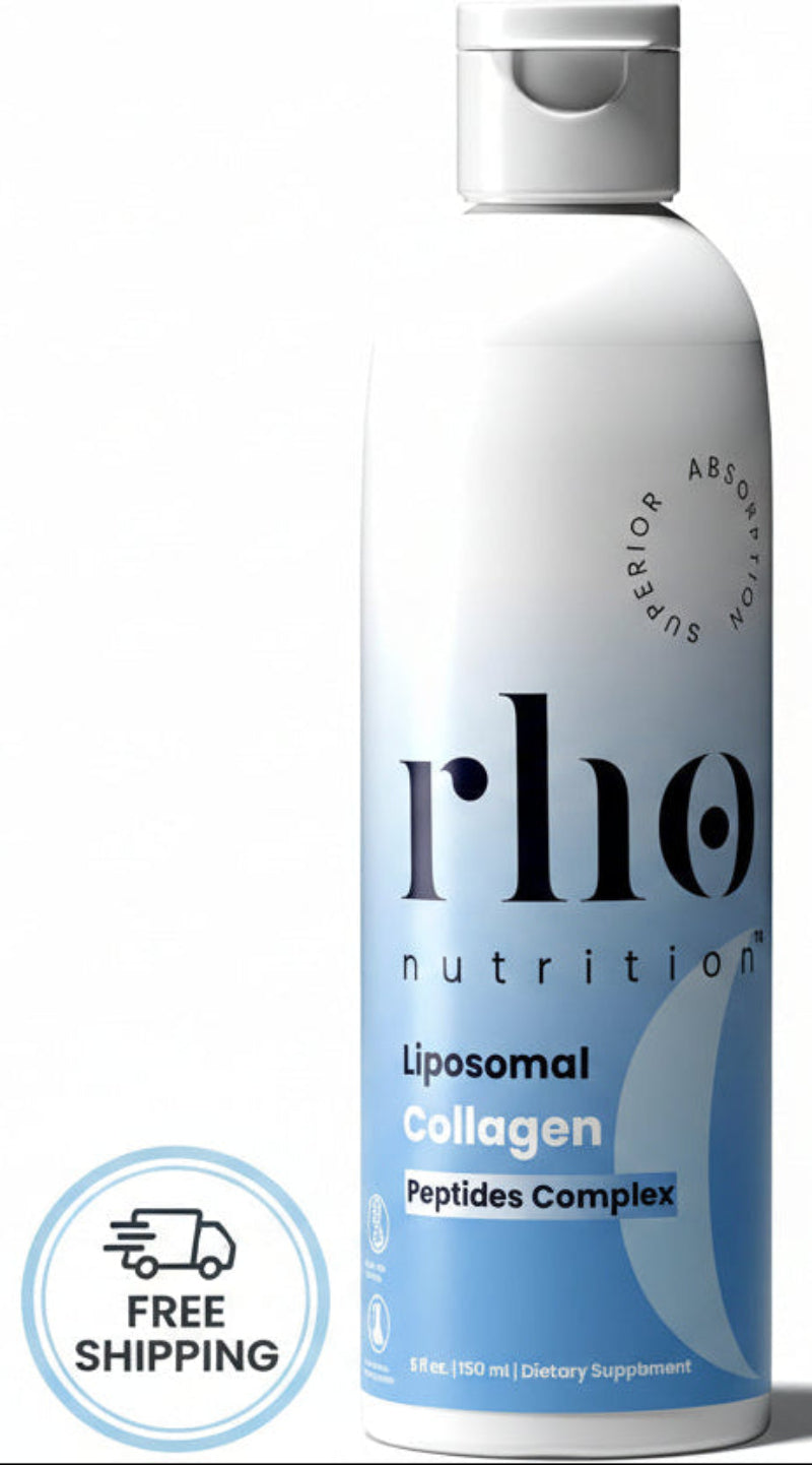 rho nutrition liposomal collagen supplement bottle on a white background