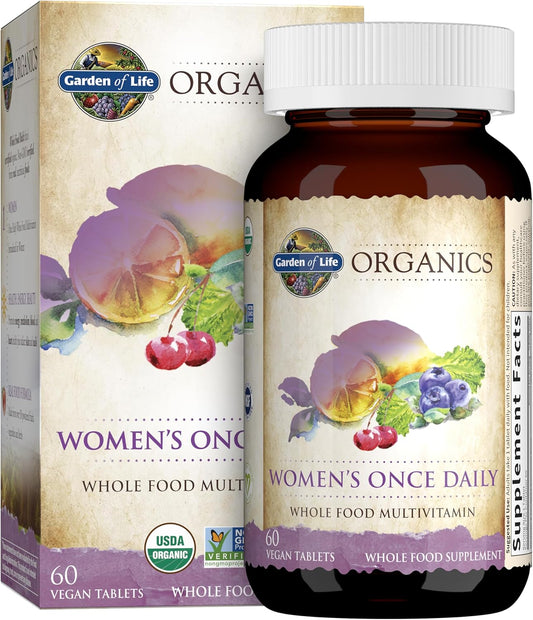 Garden of Life Organics Women's Once Daily multivitamin bottle and packaging.