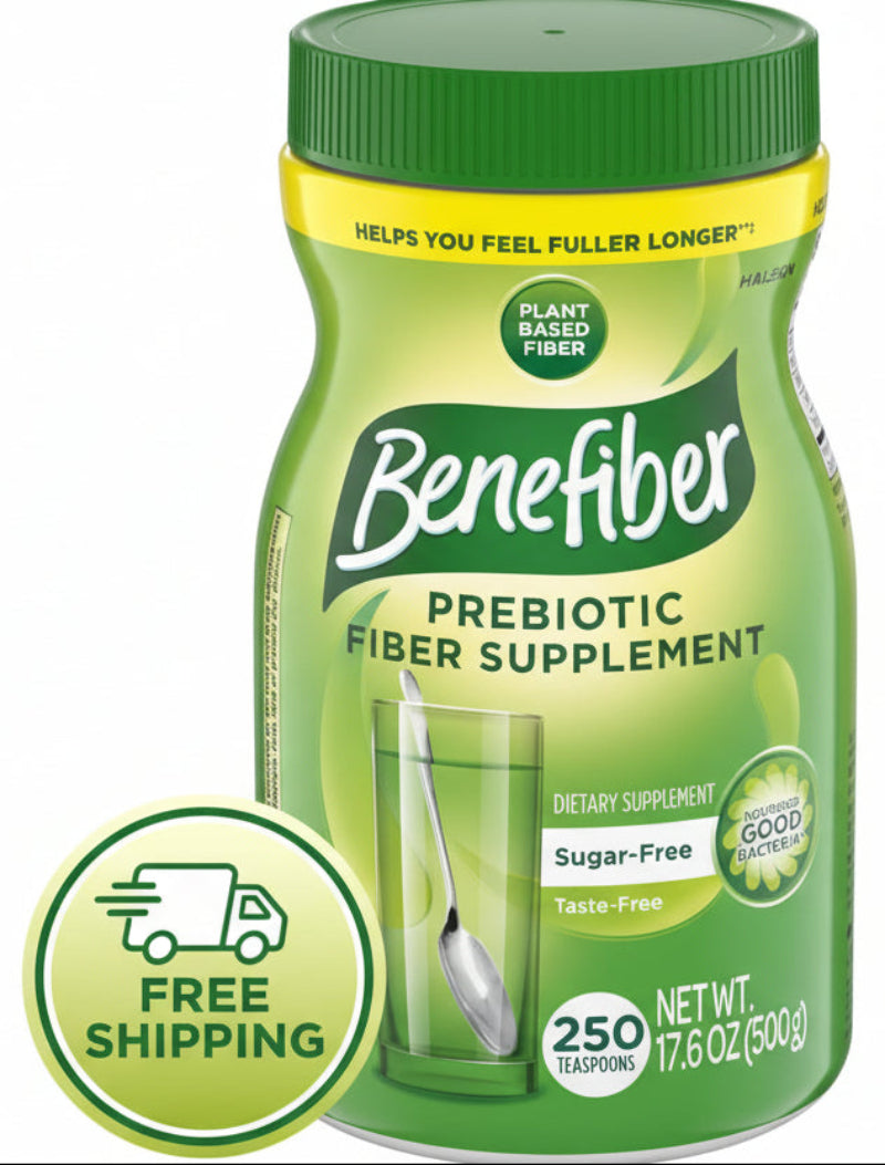 Green container of Benefiber prebiotic fiber supplement with text and branding.