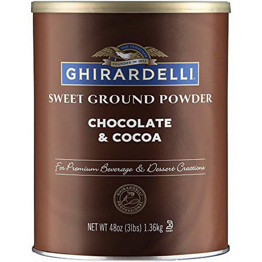 Ghirardelli sweet ground powder chocolate & cocoa can on a white background