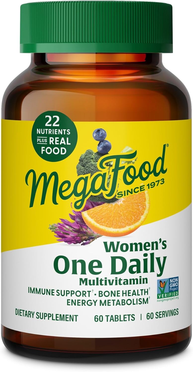 MegaFood Women's One Daily Multivitamin bottle with green cap and colorful label.