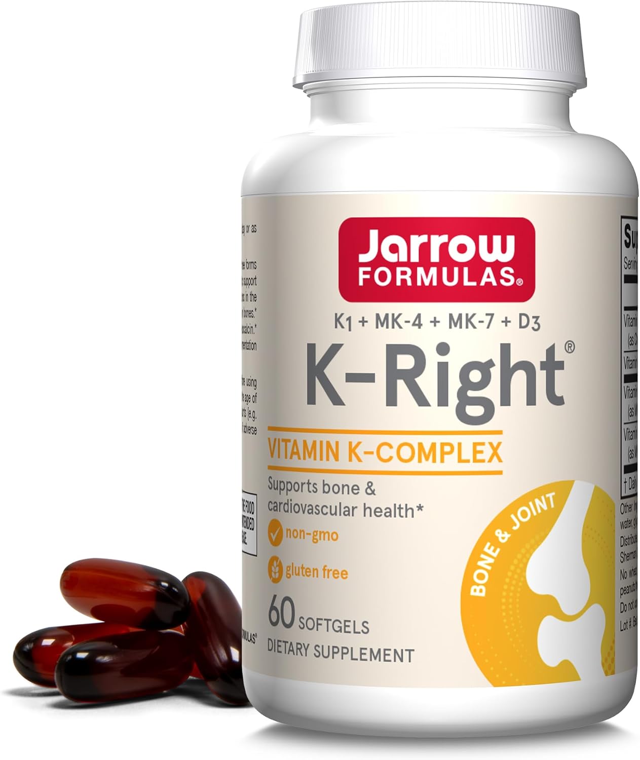 Jarrow Formulas K-Right Vitamin K-Complex supplement bottle with capsules on a white background