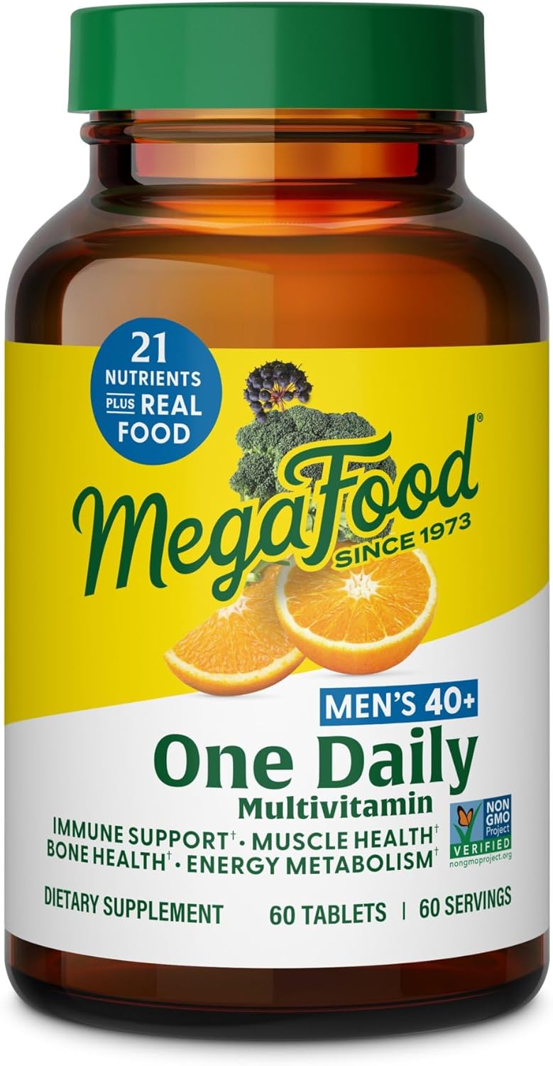 MegaFood Men's 40+ One Daily Multivitamin bottle with green cap and yellow label.