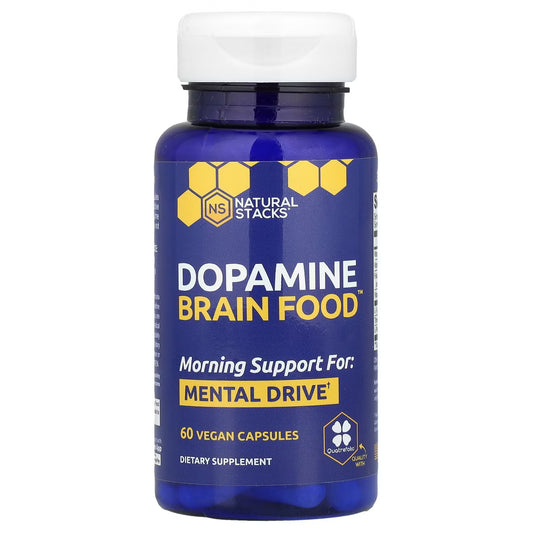 Supplement bottle labeled 'Dopamine Brain Food' by Natural Stacks on a white background