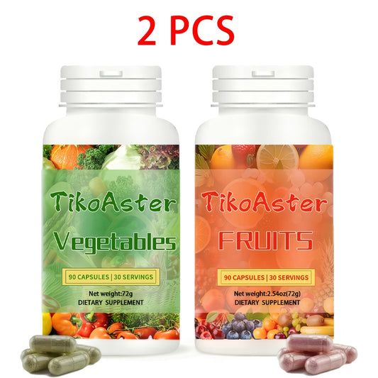 Two dietary supplement bottles labeled 'Vegetables' and 'Fruits' by TikoAster on a white background.