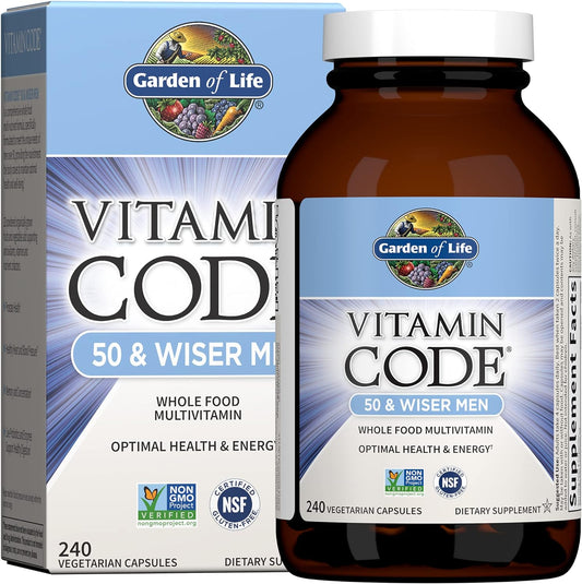 Garden of Life Vitamin Code 50 & Wiser Men multivitamin bottle and packaging on a white background