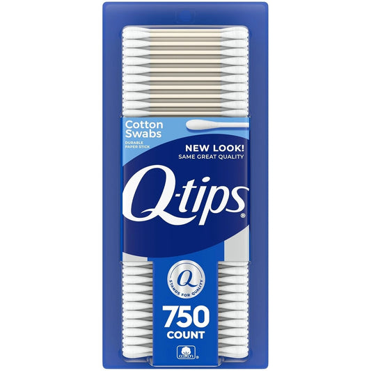 Q-tips cotton swabs packaging with blue and white design