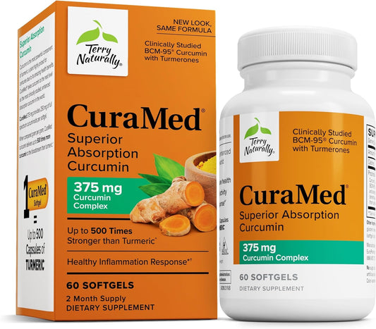 Terry Naturally CuraMed Curcumin supplement packaging and bottle on a white background