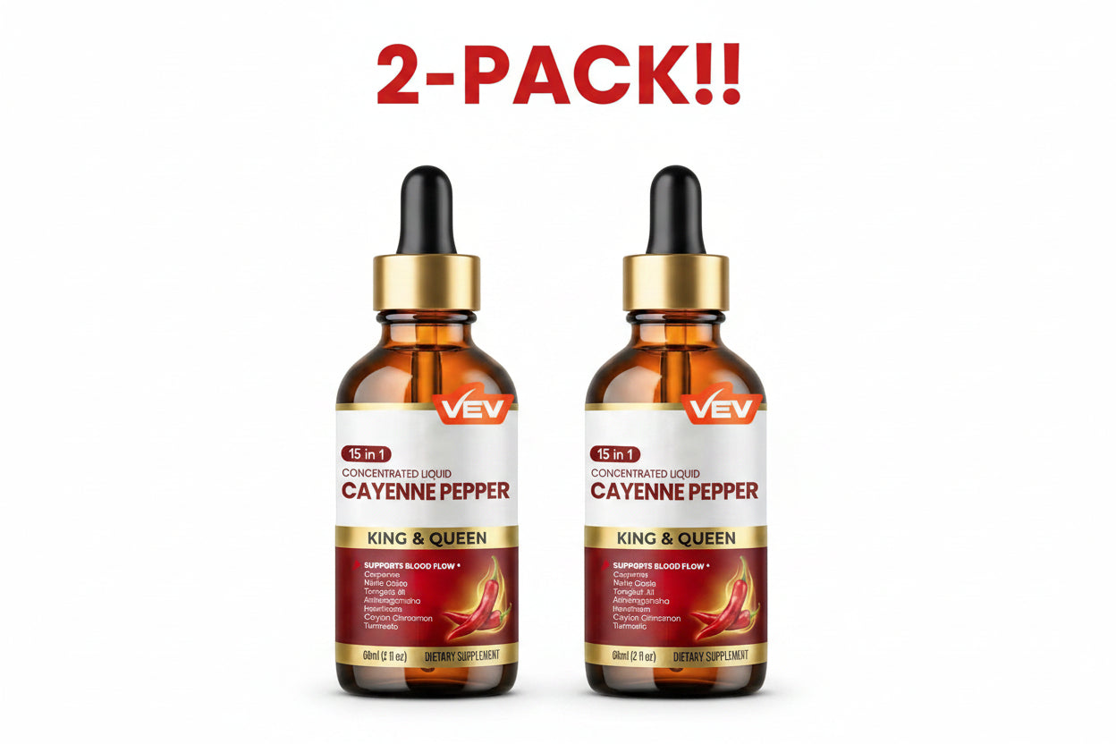 Cayenne pepper supplement bottle with VEV branding on a colorful background