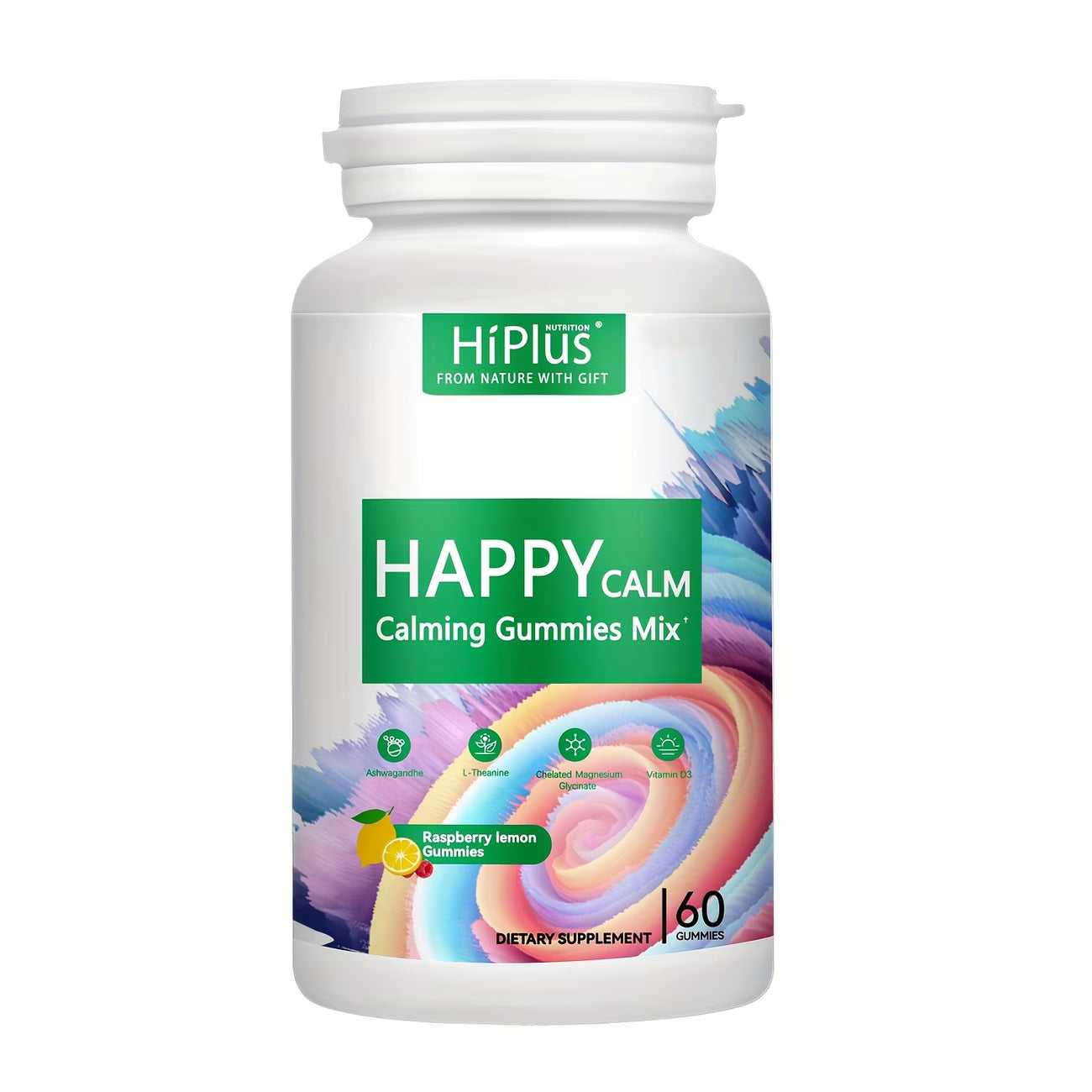 White bottle of HiPlus Happy Calm Calming Gummies Mix on a white background