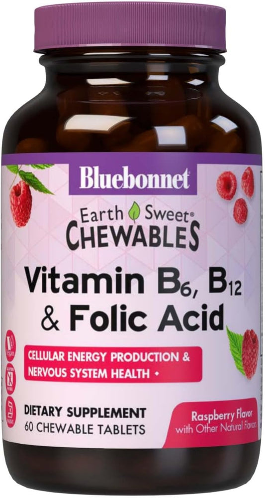 Bluebonnet Vitamin B6, B12 & Folic Acid chewable supplement bottle with raspberry flavor on a white background