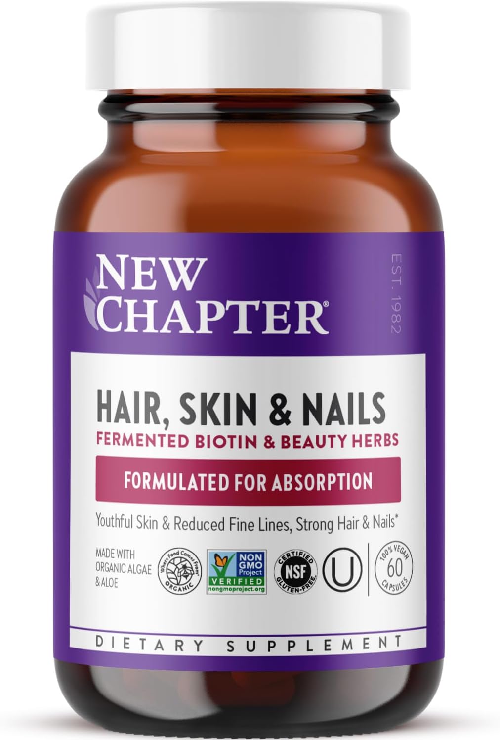 New Chapter dietary supplement bottle for hair, skin, and nails on a white background