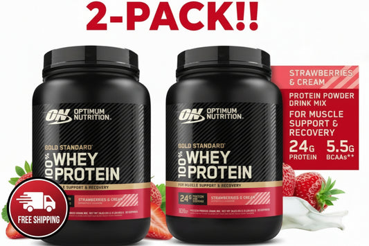 Two bottles of Optimum Nutrition Gold Standard 100% Whey Protein with strawberries and cream flavor on a white background.