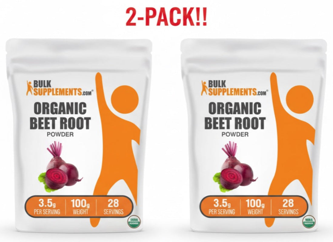 Two packages of Bulk Supplements Organic Beet Root Powder on a white background