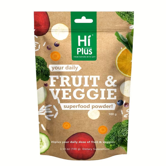 Package of Hi Plus fruit and veggie powder with colorful graphics on a white background