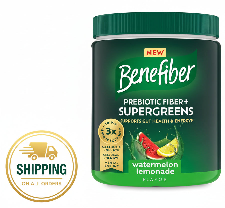 Benefiber prebiotic fiber + supergreens supplement container with watermelon lemonade flavor on a white background